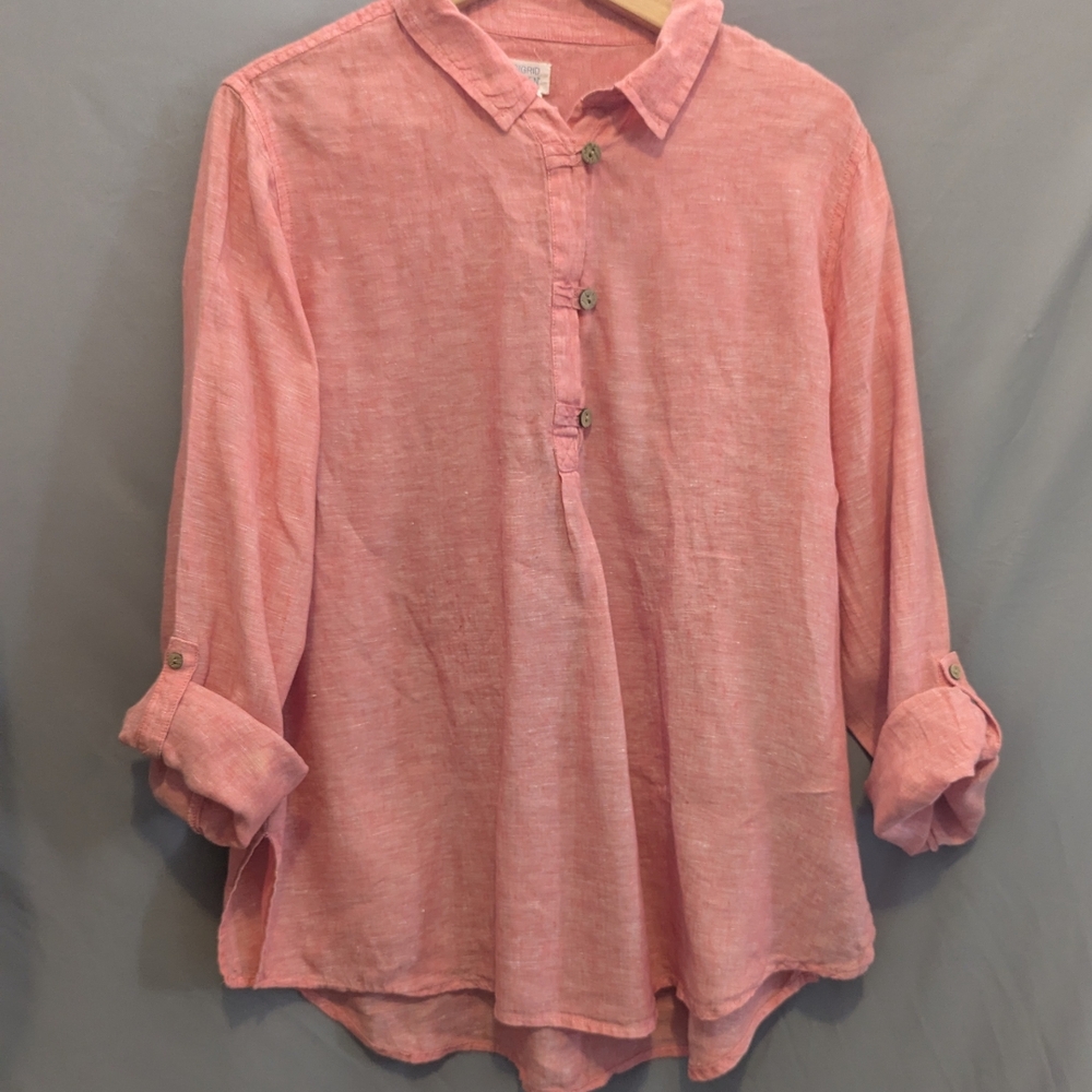 Sigrid Olsen 100% Linen Coral Pink Button-Down Shirt Coastal Vibes Oversized XL+